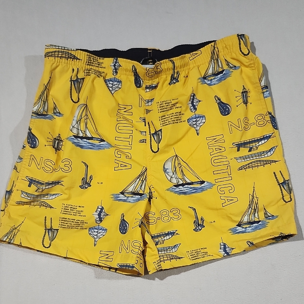 Nautica Vintage Yellow & Blue Swim Trunks with Nautical Sailing Design Men M‎